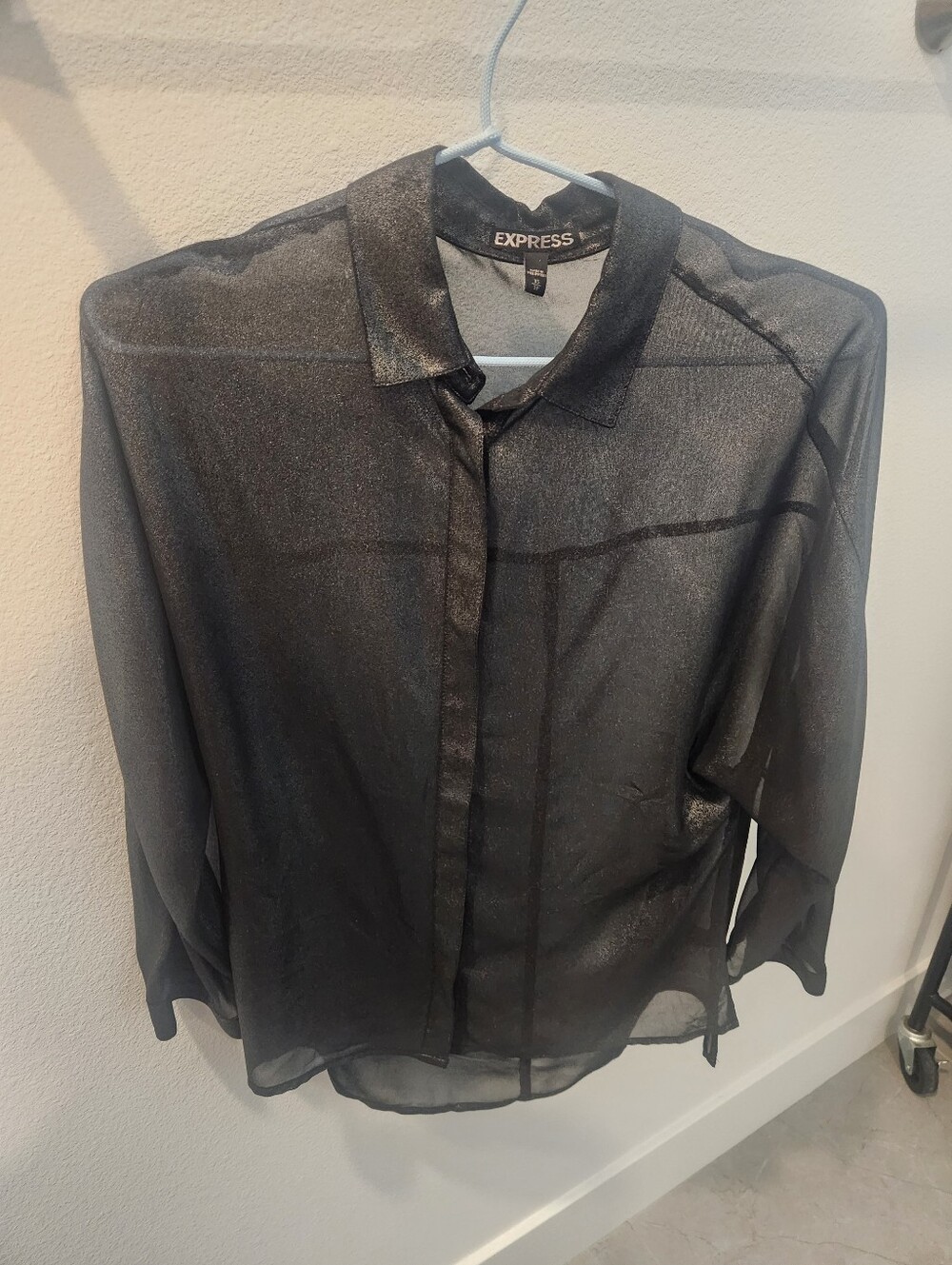 Express Long Sleeves Shimmer Silver Transparent Business Casual Button Up Top